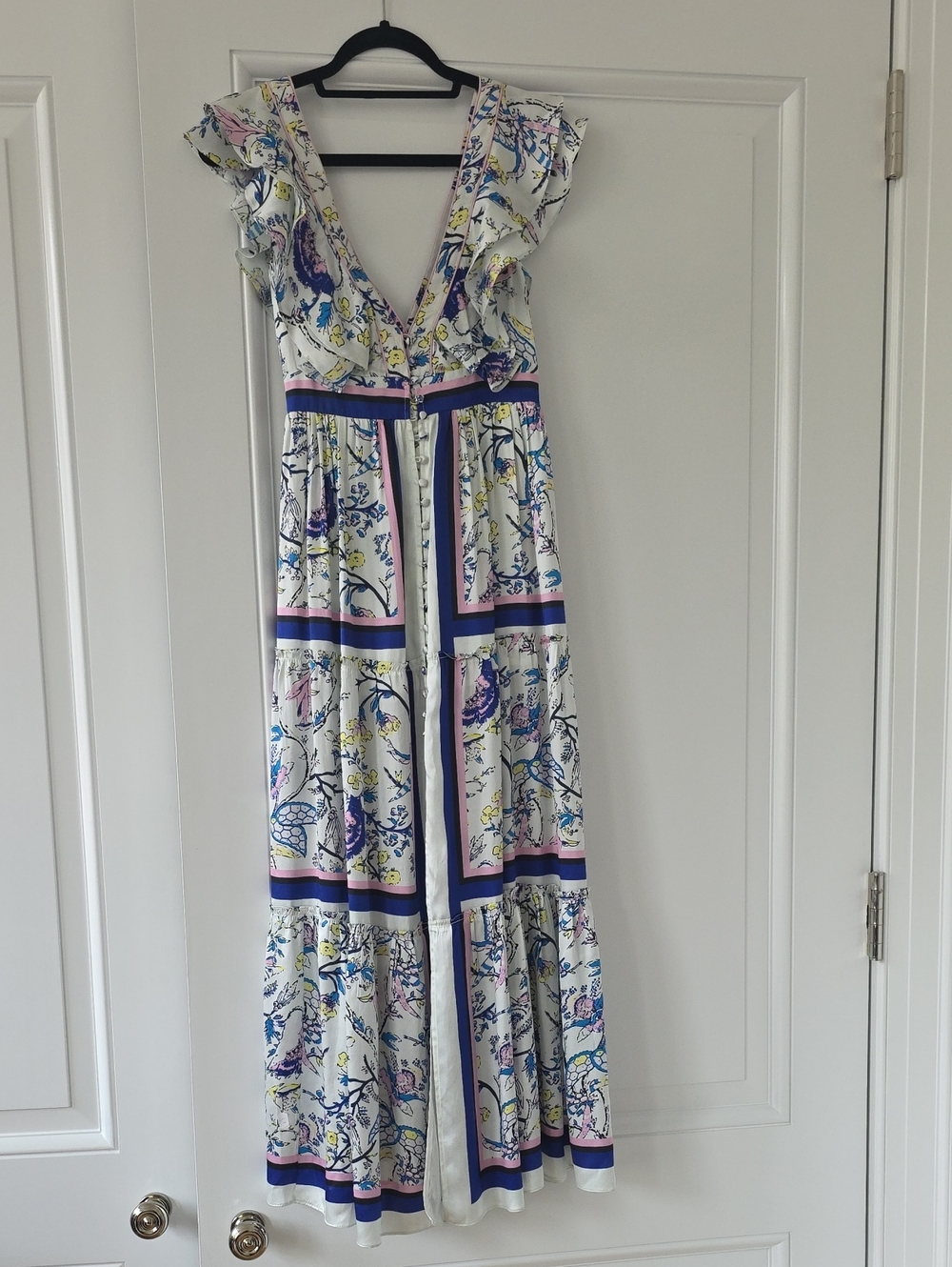 Hemant and Nandita White Maxi Dress with Blue, Pink & Yellow Floral Print. NWT